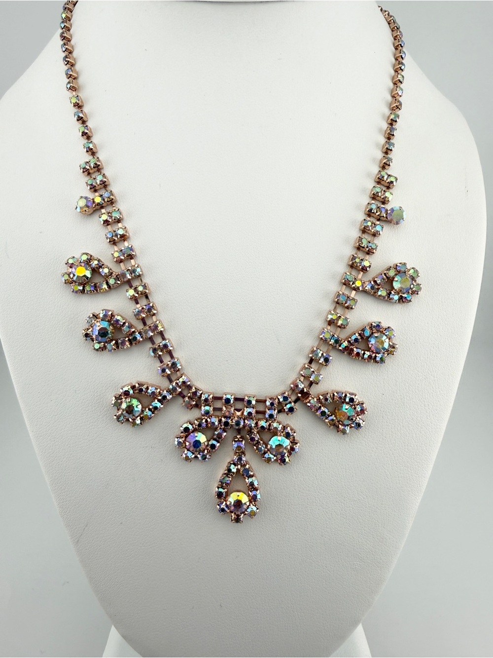 Vintage Aurora Borealis Crystal Teardrop Necklace - Iridescent Gold Toned